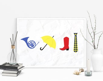ON SALE How I Met Your Mother - Blue French Horn, Yellow Umbrella, Red Cowboy Boots, Ducky Tie Print