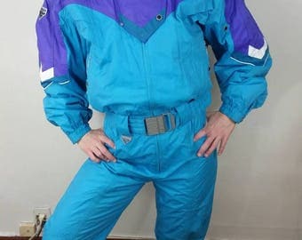 Aqua Colorblock Vintage Ski Suit • Womens Size 10 • 1980s Spyder Ski Suit • 80s Belted One Piece Snow Suit • Snow Pants Sportswear