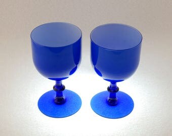 Two Empoli 10 Oz. Hand Blown Cased Blue Glass Water Goblets, Attributed to Carlo Moretti, Mid Century Hand Blown Italian Cobalt Wine Glass