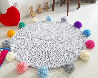 Play mat Pom pom round rainbow rug, mat bohemian crochet vintage colorful bebe carpet teppich hippie houseware tapis enfant kids rugs