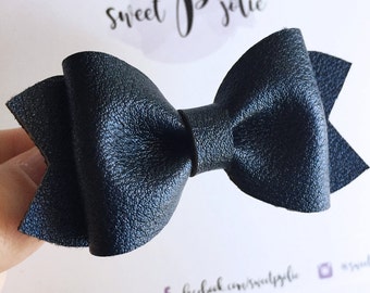 Navy Blue Metallic Faux Leather Hair Bow // Nylon One Size Headband Hair Clip // Large Girls Mini Newborn Baby Toddler Hair Bow