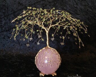 Peridot and Rose Quartz Wire Tree of Life Sculpture - Natural Stone Wire Tree Sculpture - For Love and Healing