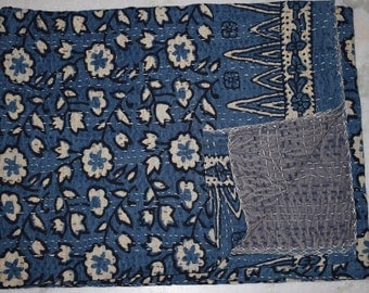 Indian Block Printed Kantha Quilts Indian Handmade Vintage Throw Bedcover Bedspread Gudri 001