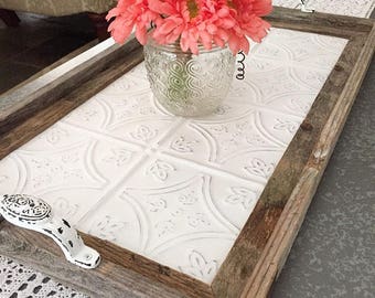 Vintage Style Serving Tray With Handles - Barnwood Decor, Ceiling Tin, Rustic, Farmhouse Tray, Decorative Tray, Wood Tray (Art Deco Design)