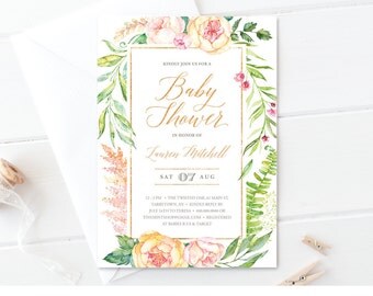 Floral Baby Shower Invitation Template | Faux Gold | Watercolor | Printable Baby Shower Invite | Editable | Instant Download | PDF #036BS