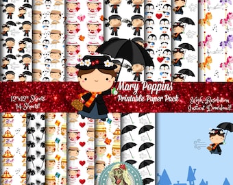 Mary Poppins Digital Paper Pack, Mary Poppins Umbrella, Mary Poppins Hat, Mary Poppins Party, Mary Poppins Clipart, Scrapbook Paper