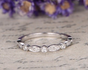 14K WHITE Gold Wedding Band,half Eternity Engagement Ring ,stacking mstcinging band,custom made fine jewelry,Milgrain Diamond Bridal band