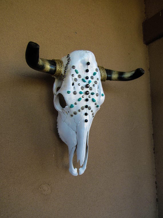 Hand painted cow skull with beautiful turquoise beads metal