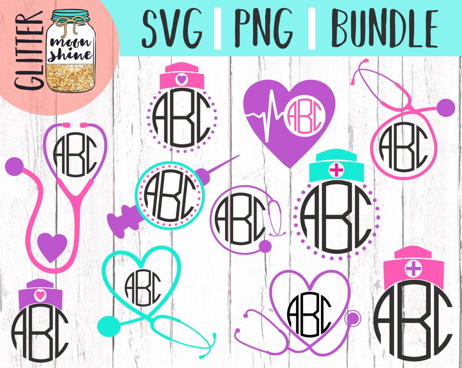 Download CNA Nurse Monogram Frame Bundle svg and png cutting files for