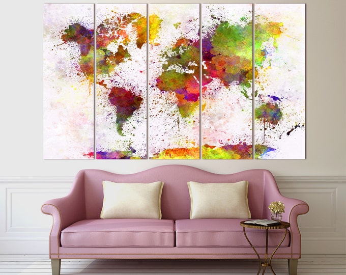 Large Colorful Watercolor World Map Canvas 3 or 5 Set Print, Modern world map / 1 - 5 Panels on Canvas Wall Art for Home & Office Decoration