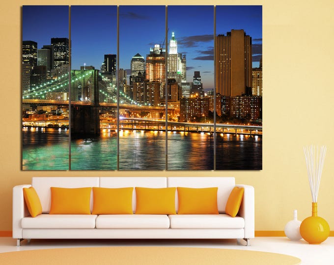 Buy Brooklyn bridge canvas wal art, 3 panel Brooklyn bridge print, 5 brooklyn bridge panel wall art, tall wall art panels night cityscape