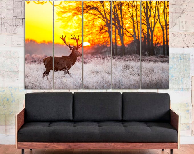 Large deer photo wall art, deer digital print home decor, deer nature photography nursery decor large poster on canvas set of 3 or 5 panels