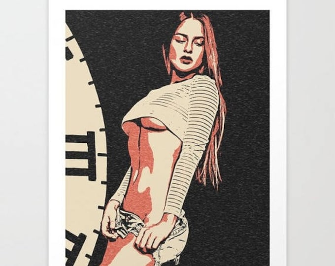 Erotic Art Giclée Print - Time flies, sexy woman in jeans shorts, perfect body girl artwork, hot conte style print High Res a...