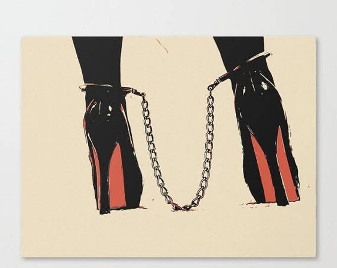 Erotic Art Canvas Print - Heels and chains, unique sexy pop art style print, girl in submissive, BDSM pose, sensual high quality artwork