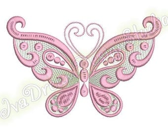 Pink Butterfly Wings Curls, Gold \ Silver thread, machine embroidery design, 5 sizes, File Instant Download