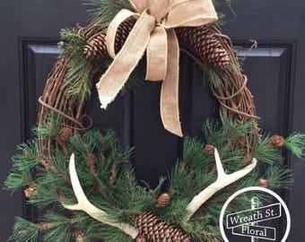 Antler Wreath, Wreath Street Floral, Northwoods Wreath, Grapevine Wreath, Door Wreath, Year Round Wreath, Wildlife Wreath