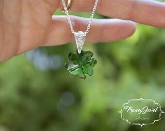 Four leaf clover, green crystal, lucky gift, 925 sterling silver, Swarovski crystal, handmade jewelry, wedding jewelry, birthday gift