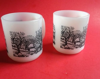 Vintage Glasbake Milk Glass Mugs , Glasbake Country Scene Mugs