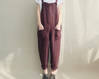 Women Casual Linen Jumpsuits Overalls Pants With Pockets Vintage Linen Harem Pants