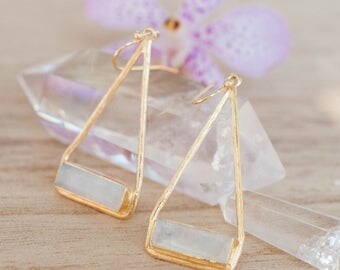 Moonstone Earrings * Gold Plated 14k * Dangle * Gemstone * Natural * Lightweight * Triangulum * Geometric * Gift for her * Bohemian *BJE070A