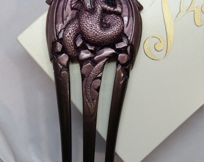 Hair fork Hair pin Wood carving Wooden hair fork Wood hair pin Hair fork 3 prong Wooden hair fork purple dragon