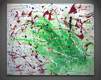 Green and White Textured Abstract Painting with Red Accent Paint Drips by GravinArt - Original