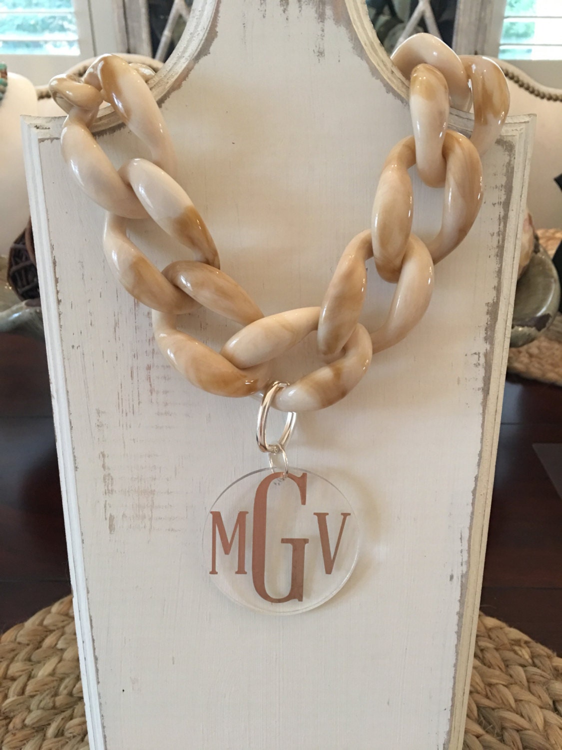 Two tone Ivory and Brown large Acrylic Chain Link Necklace with Square Monogrammed Acrylic Pendant