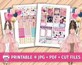 BIRTHDAY PRINCESS Printable Planner Stickers/for use with Erin Condren/Weekly Kit/Cutfiles/Party Glitter Cake Graduation Floral Celebration