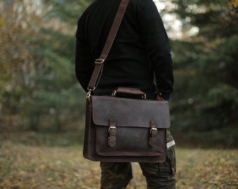 Dark Brown Leather Messenger bag/ Leather Shoulder Bag/ Leather Briefcase / Leather School Bag/ Leather Mens Bag/ Personalized Bag