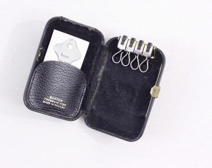 Hard case key wallet, black leather covered key wallet, key case for 4 keys, vintage key holder, key tainer by Buxton c 1950s, topgrain hide