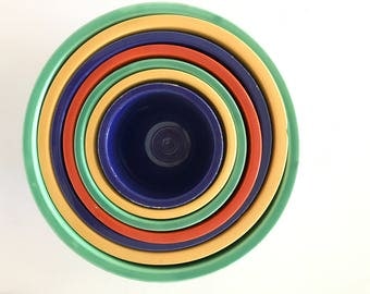 1940's Fiestaware Nesting Bowls, Complete Set of 7, cobalt 1,yellow 2,green 3, red 4,cobalt 5,yellow 6,green 7, Homer Laughlin