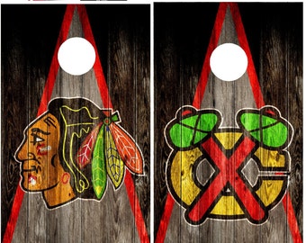 Custom Built Chicago Blackhawks Cornhole Boards Bag Toss with FREE bags FREE Storage Case, Rustic Triangle Wood Design