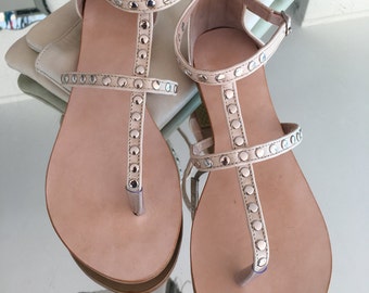 Ladies Leather Sandals, T-bar Leather Sandals, Summer Sandals, Nude Leather Sandals
