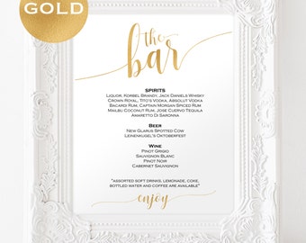 Gold Bar menu wedding - Bar menu sign - Drinks Sign - Bar menu printable - Gold wedding printable - Downloadable wedding signs #WDH0229