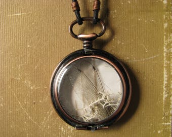 Old Pocketwatch Necklace with Dragonfly Wings