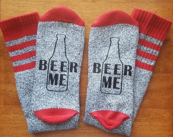 BEER ME SOCKS, Mens Socks, Funny Sayings, Red & Grey Socks, Gifts for Him, Bottoms Up Socks, Beer Socks, Beer Lover, Bring Me Beer