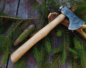 Blacksmith hand forged hatchet. Custom camping ax. Blacksmith hand made axe. Mini hiking hatchet. Backpacking. Outdoor gift. Barnwood