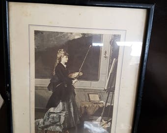 Very old Domenico Induno framed print La Pittrice