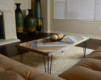 Herringbone Coffe Table - Reclaimed Wood Coffee Table - Rustic Herringbone Coffee Table - Coffee Table with Hairpin Legs - Farmhouse Decor