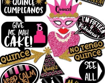 Quinceanera Sweet 15 Photo Booth Props - 33 Printable Party Props, Quince, Fifteenth, Fifteen, Dress, Tux, Cake, Mask - INSTANT PDF DOWNLOAD