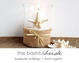 Wedding centerpiece, beach wedding, starfish decor, candle holder, hurricane lamp with sand, burlap, and starfish detail, boho wedding
