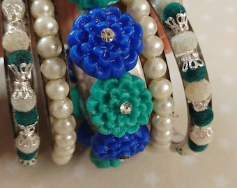 cold porcelain flower bangles bracelet for brides in aqua, Asian jewelry for women, anniversary gift for wife, bride to be accessories