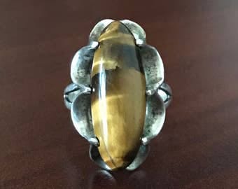 Vintage Sterling Silver & Tigers Eye Ring, Size 9.5 (8 Grams Net Wt)