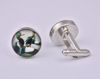 Ducks Cufflinks Animal Bird Nature Silver Colourful Wedding Prom Black Tie Gift Jewellery Accessories Men Women