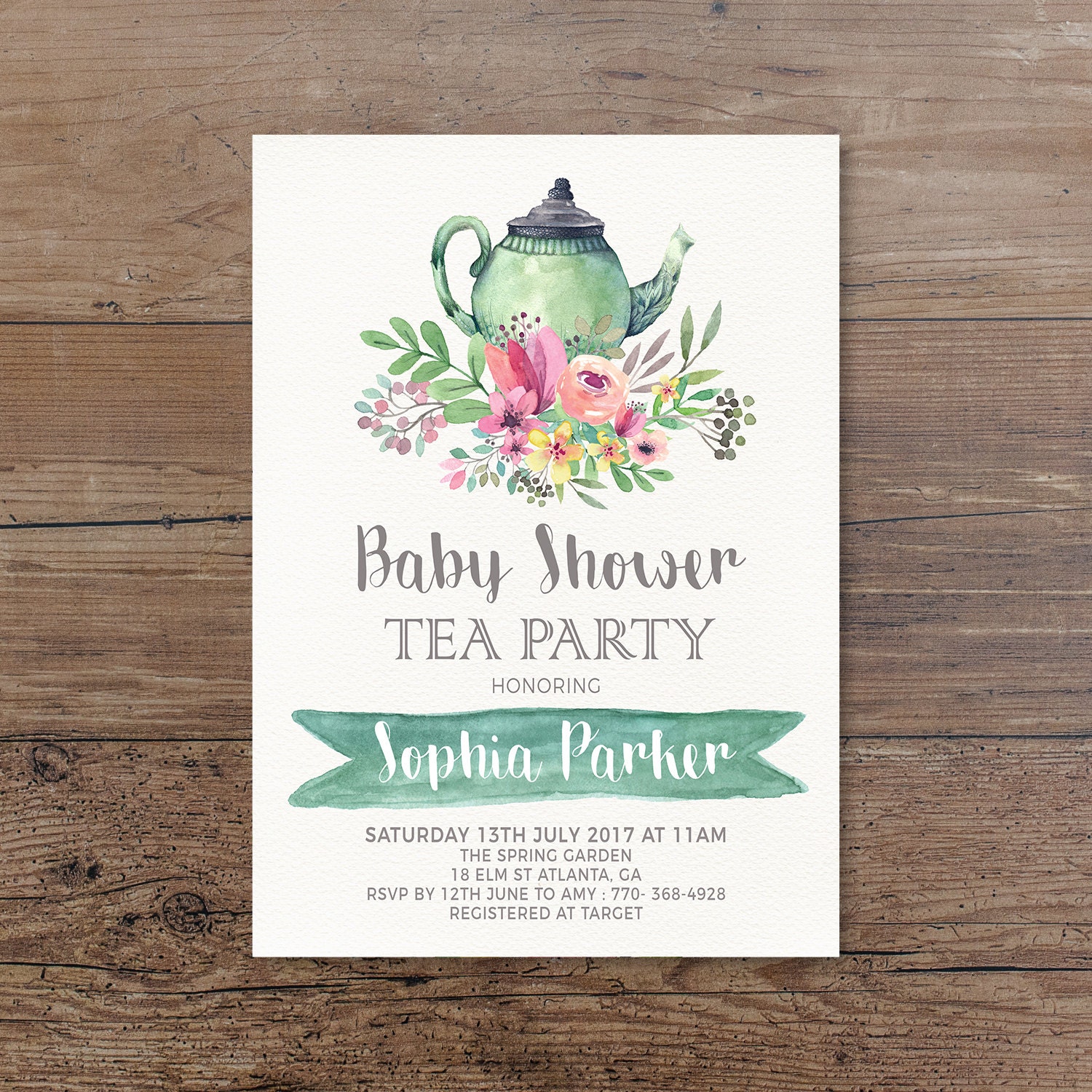 Printable Tea party invitation Girl Baby Shower Watercolor