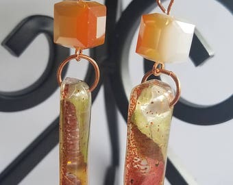Autumn Sparkle Resin Earrings, Real Fall Leaves, Orange accent Czech Glass Bead, Long Rectangular Earrings, Homemade Jewelry, Great Gift
