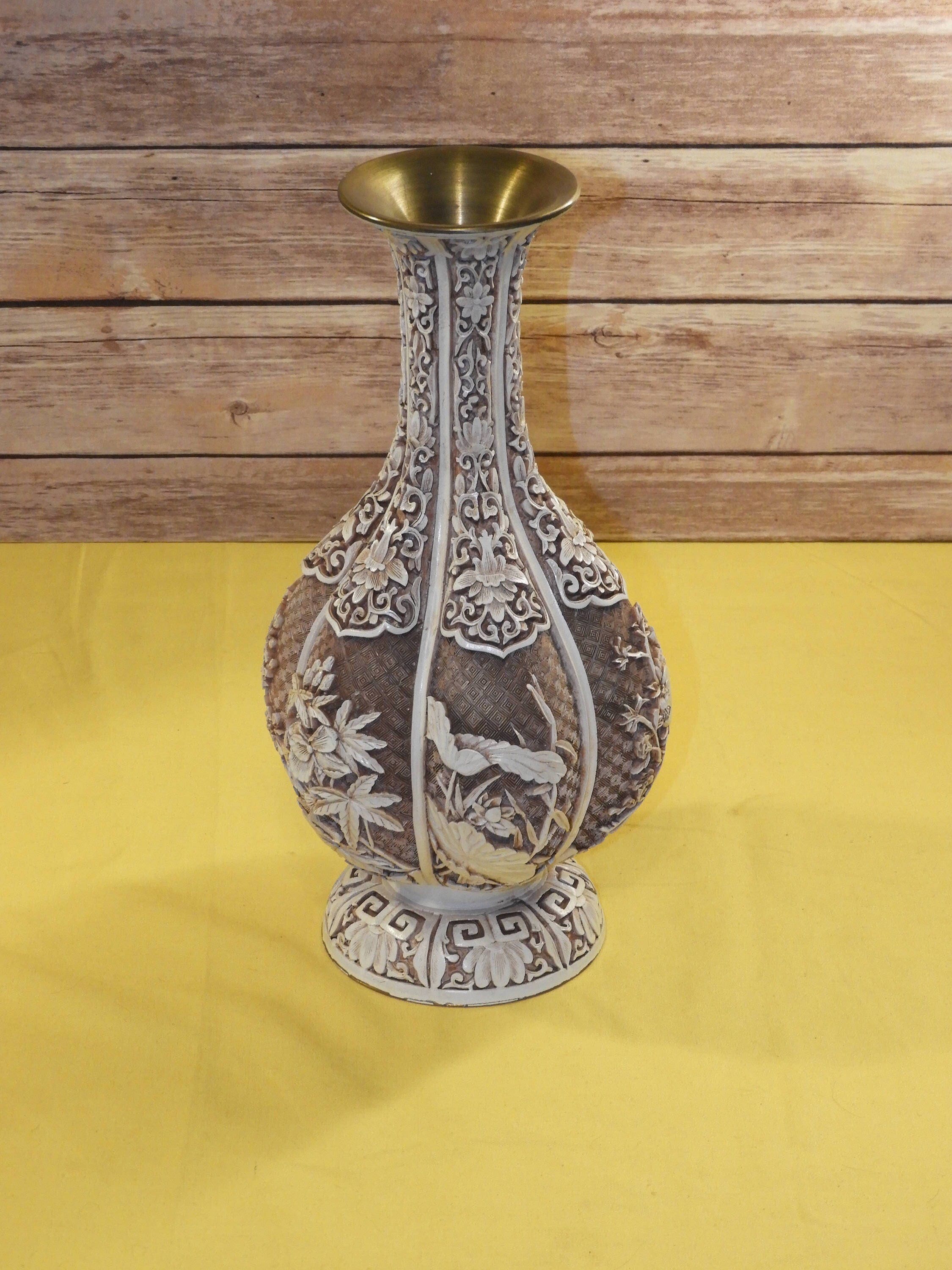 Vintage Ivory Dynasty Lobed Cloisonne, Arnat Faux Ivory Gold White Vase