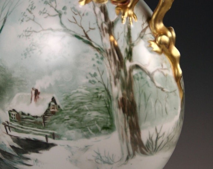 Vintage Snowscape Artist Signed Pouyat Limoges Pillow Vase With Gilt Dragon Handles!