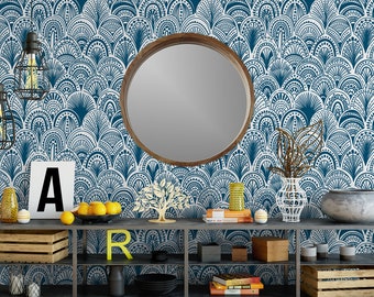 Blue bohemian scallops removable wallpaper / tribal self adhesive wallpaper / scallops temporary wallpaper G193-27