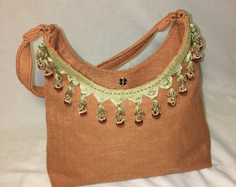 Coral Linen Purse Handbag with Trim